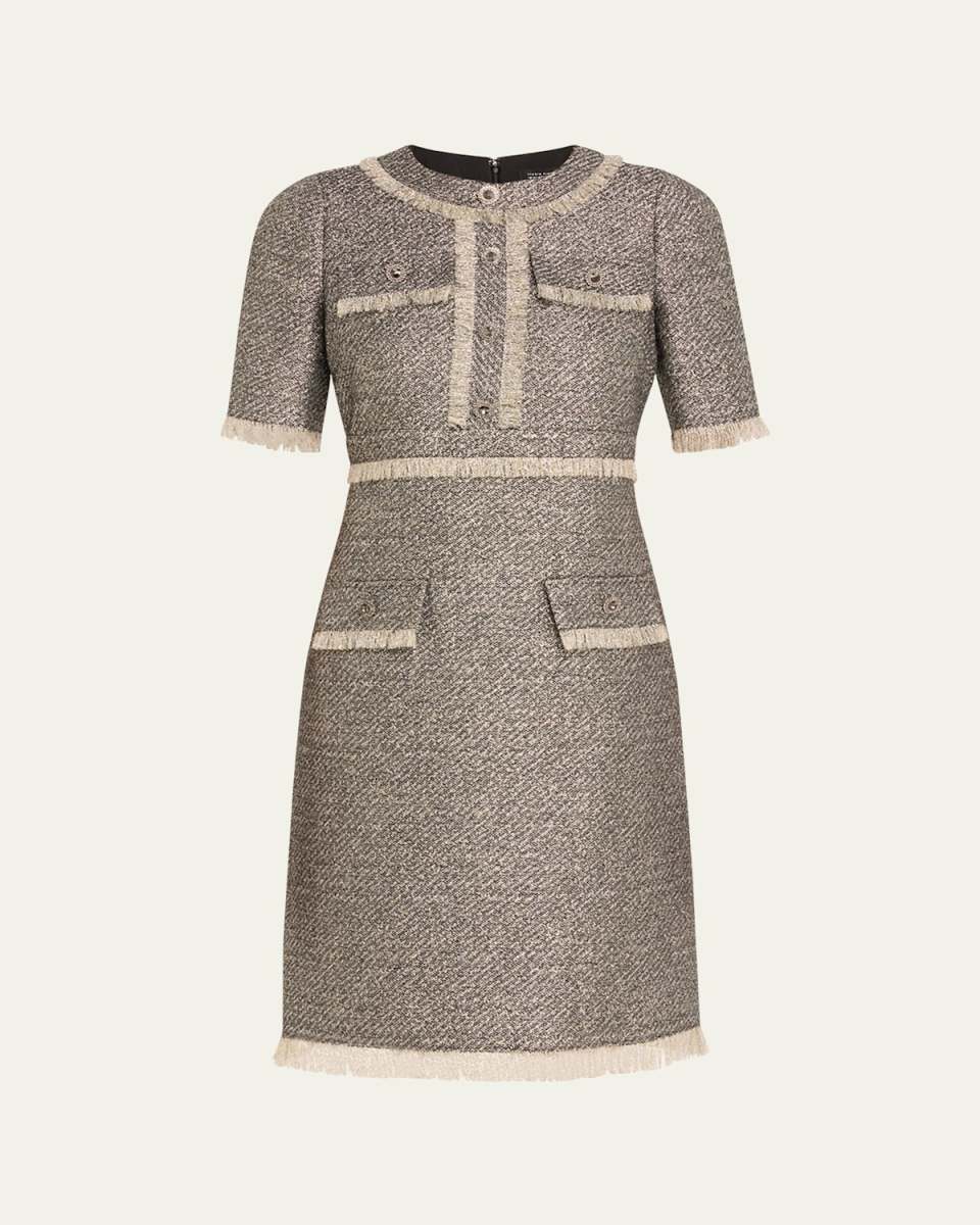 Fringe-Trim Metallic Tweed Dress